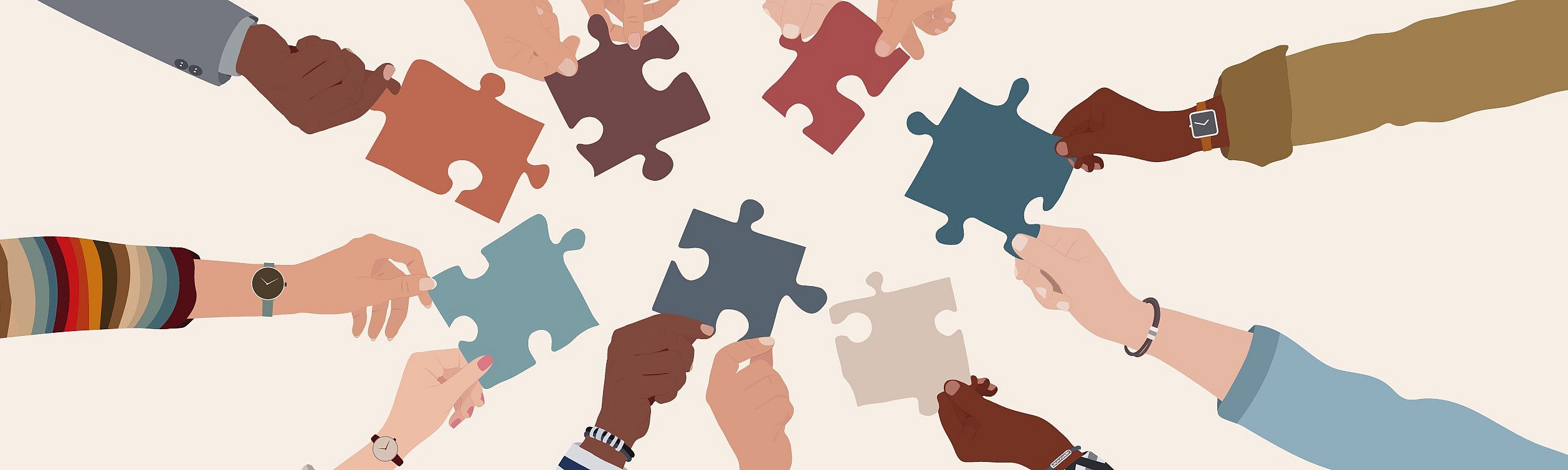 Illustration von vielen unterschiedlichen Händen, die Puzzelteile halten und zusammen einen Kreis bilden.